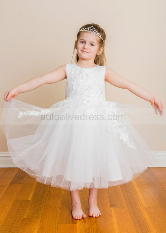 Beaded Lace Tulle Tea Length Flower Girl Dress